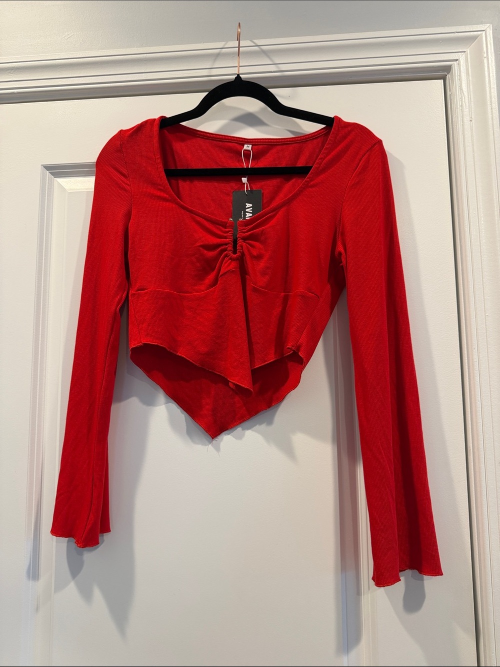Red Long-Sleeve V Shape Crop Top